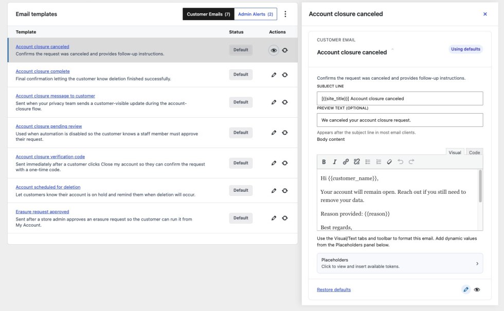 WooCommerce delete account email template editor with subject, preview text, and body content fields