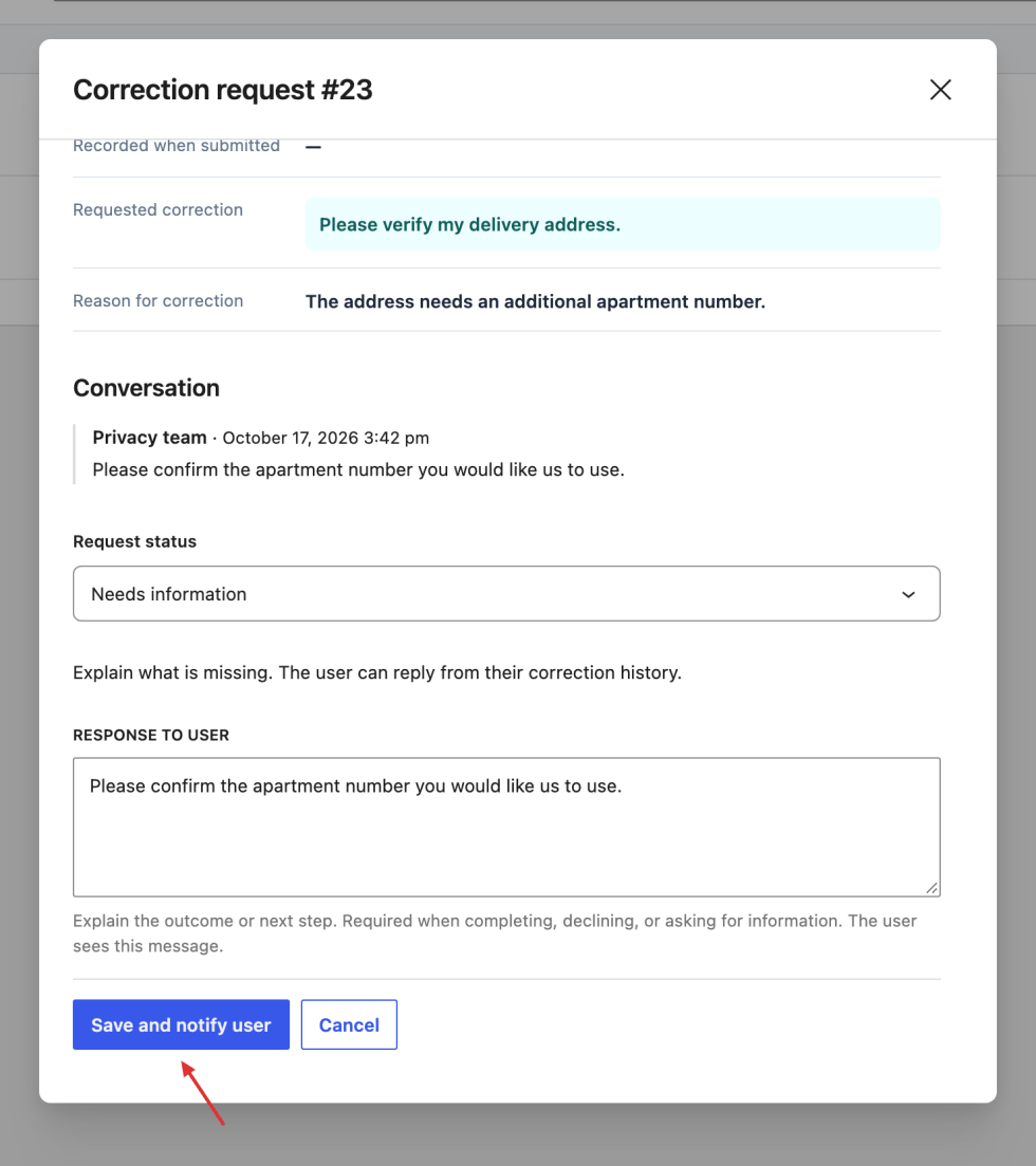 General correction review with a status selector and a customer-visible response field.