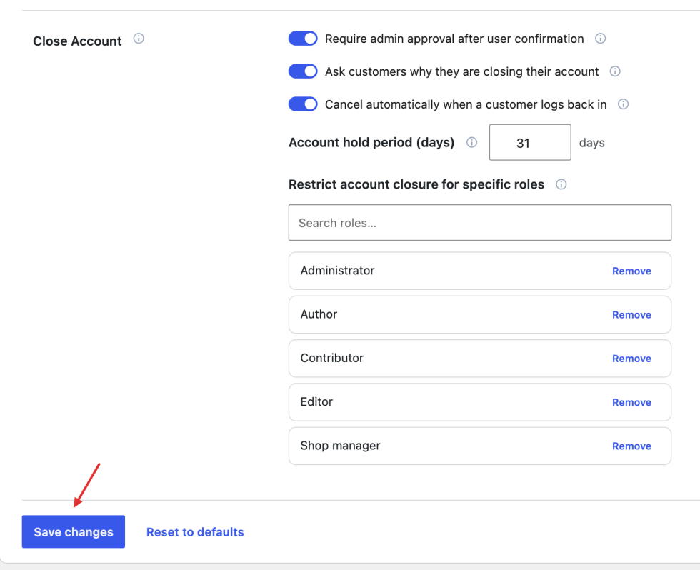 General Settings footer with Save changes marked below a pending account-hold edit.