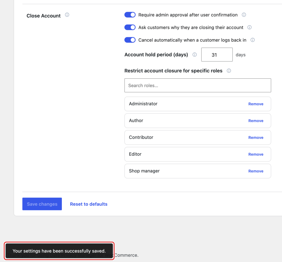 Save changes controls and the message Your settings have been successfully saved.
