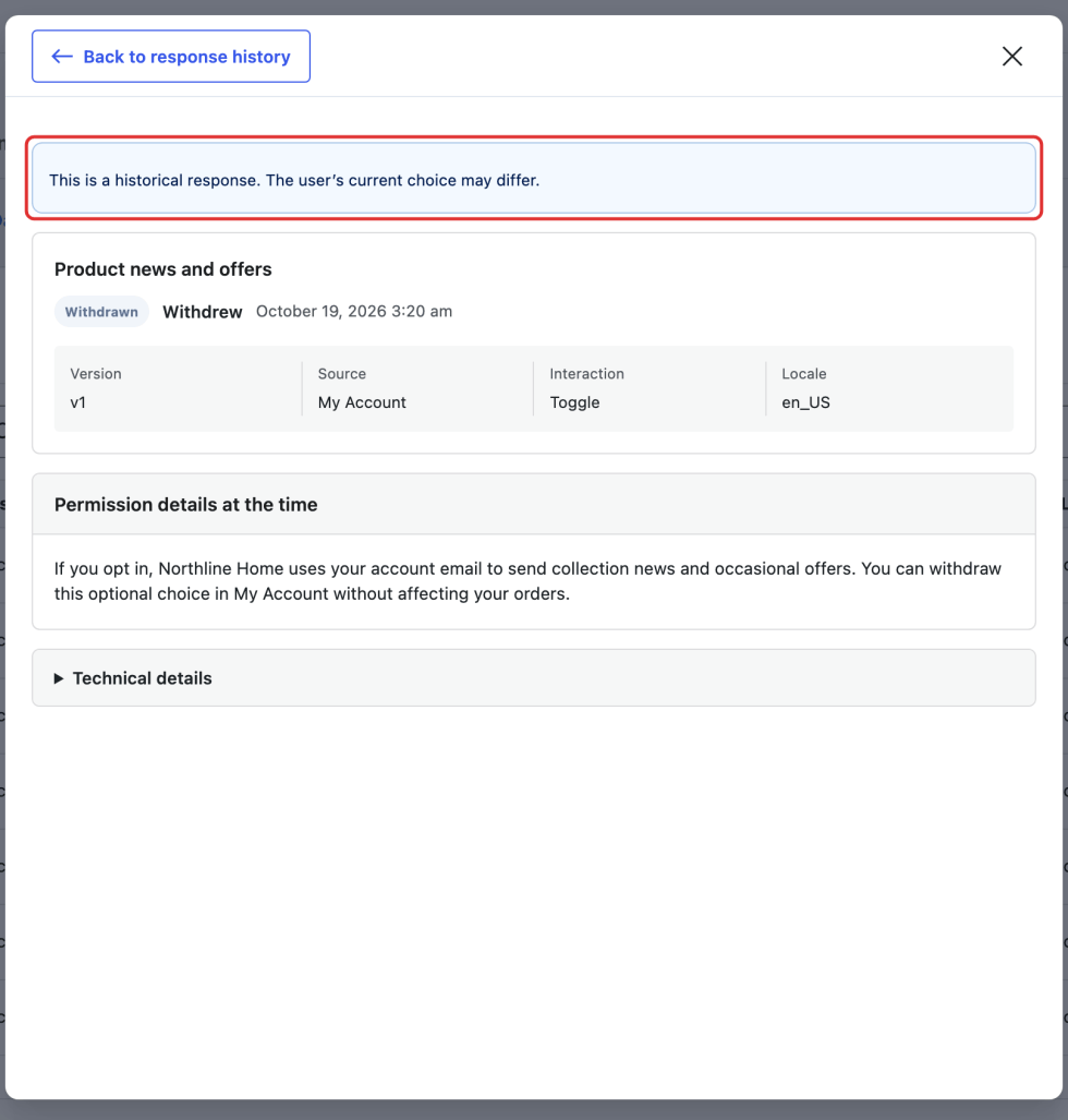 A historical v1 withdrawal with a warning that the customer's current choice may differ and the permission wording saved for that version.