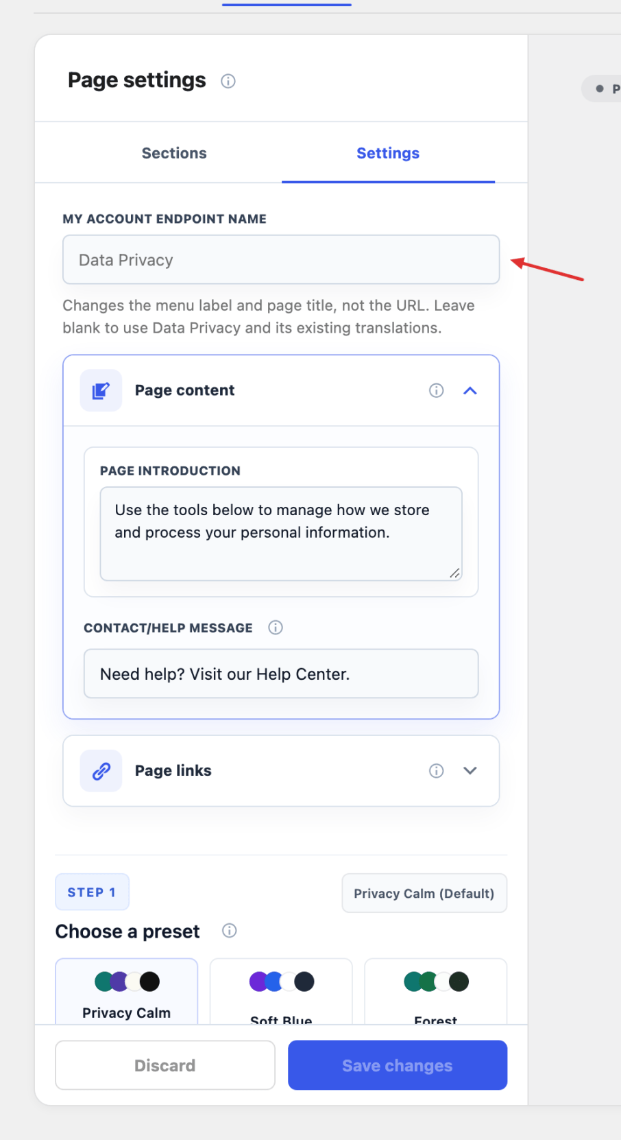 My Account endpoint name field for the displayed privacy menu label and page title.