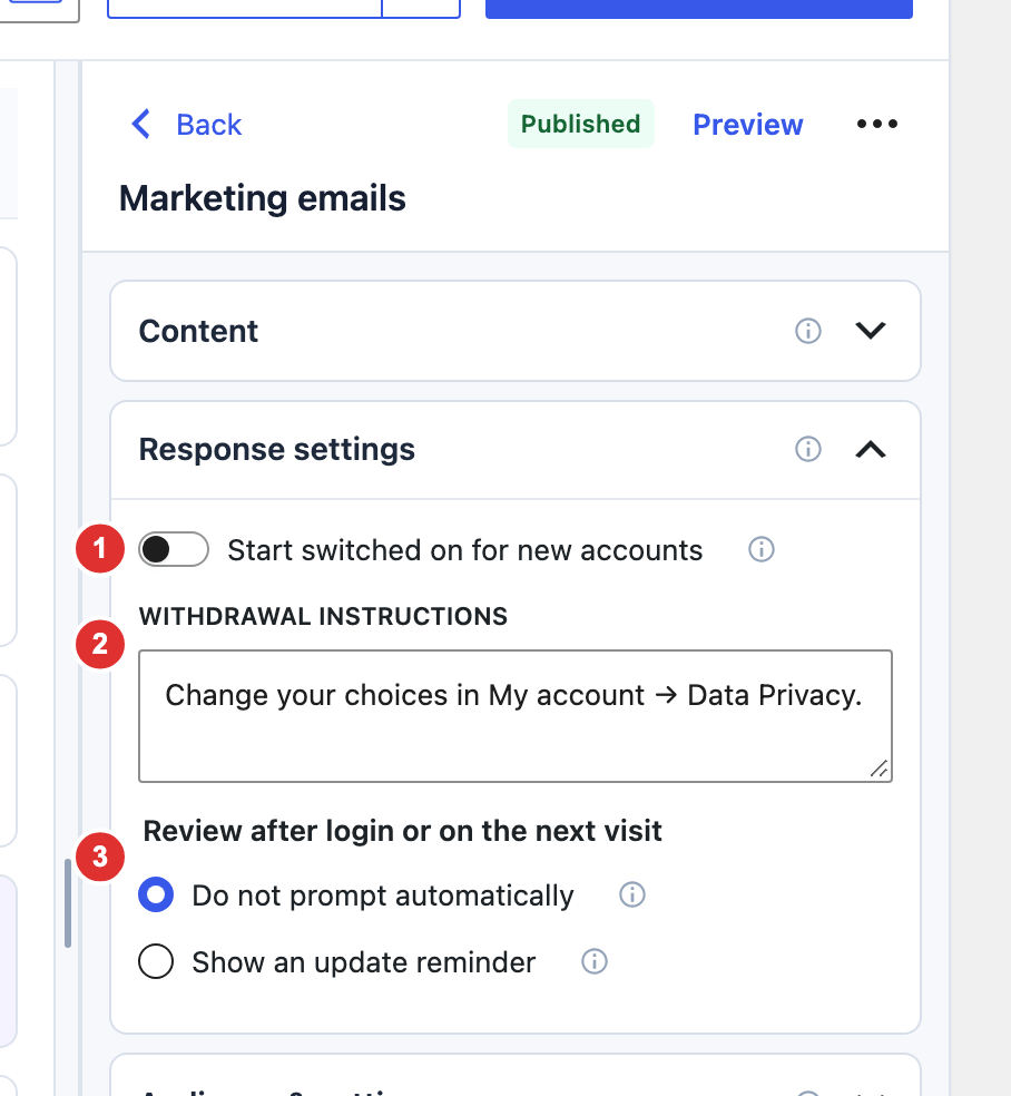 Optional consent settings for the new-account switch position, withdrawal instructions, and review reminders.