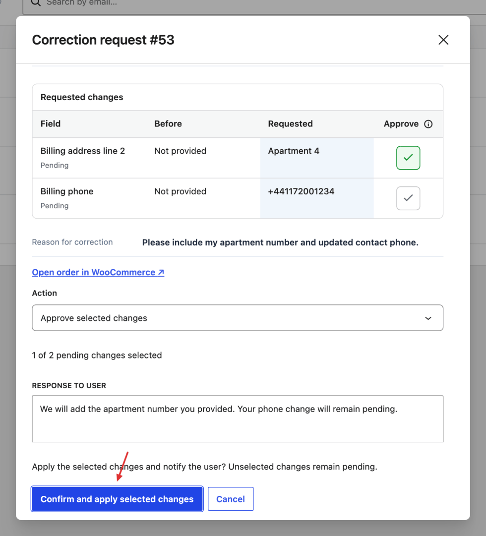 Confirmation dialog summarizing the selected order corrections before they are applied.