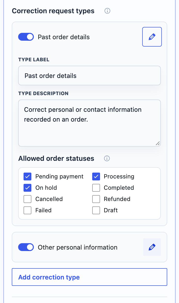 Expanded Past order details settings with Type label, Type description, and Allowed order statuses.