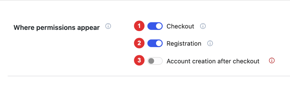 Permission collection switches for checkout, My Account registration, and account creation after checkout.