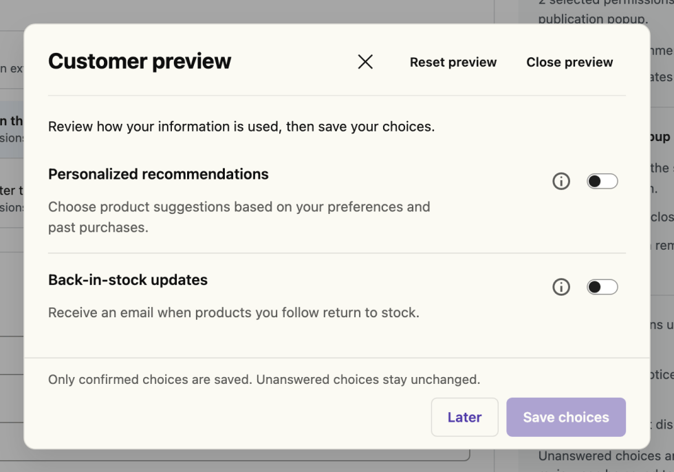 Customer preview popup with two optional permission switches, Later, Save choices, and preview reset controls.