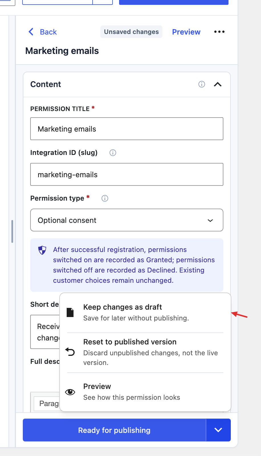 Permission save menu with Keep changes as draft, Reset to published version, Preview, and Ready for publishing.