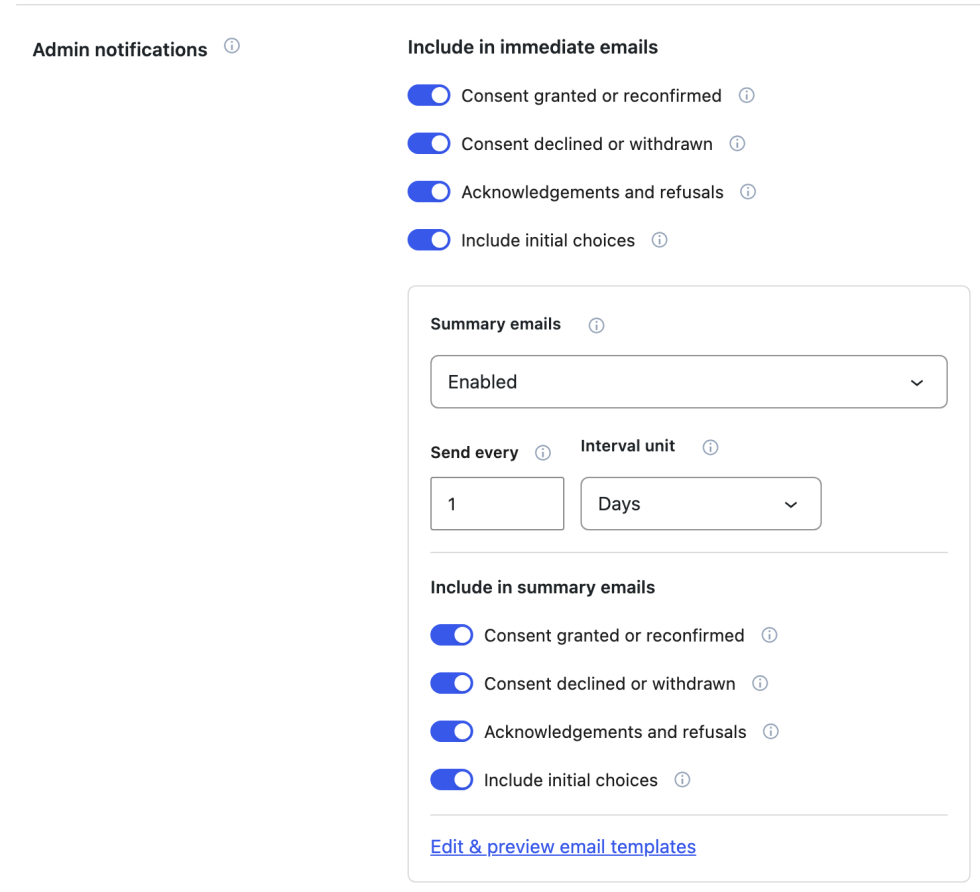 Admin notification event switches and enabled summary emails with interval and summary-event controls.