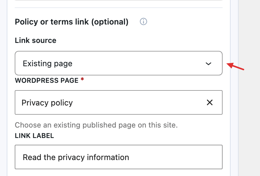 Permission policy link controls for selecting a destination and a link label.