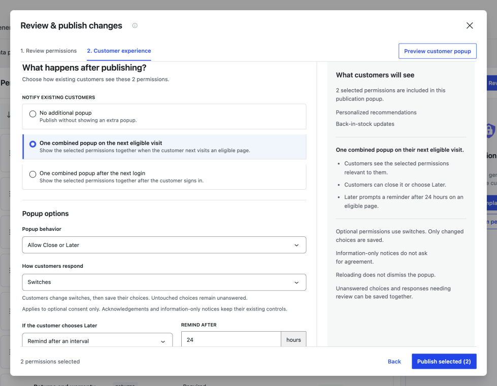 Customer experience step with popup timing, behavior, response style, preview, and Publish selected controls.
