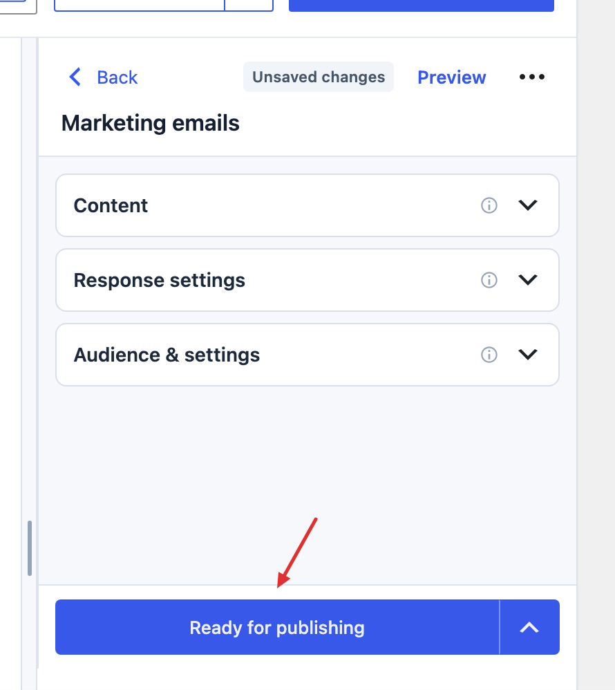 Permission editor with collapsed content, response, and audience sections and the Ready for publishing button.