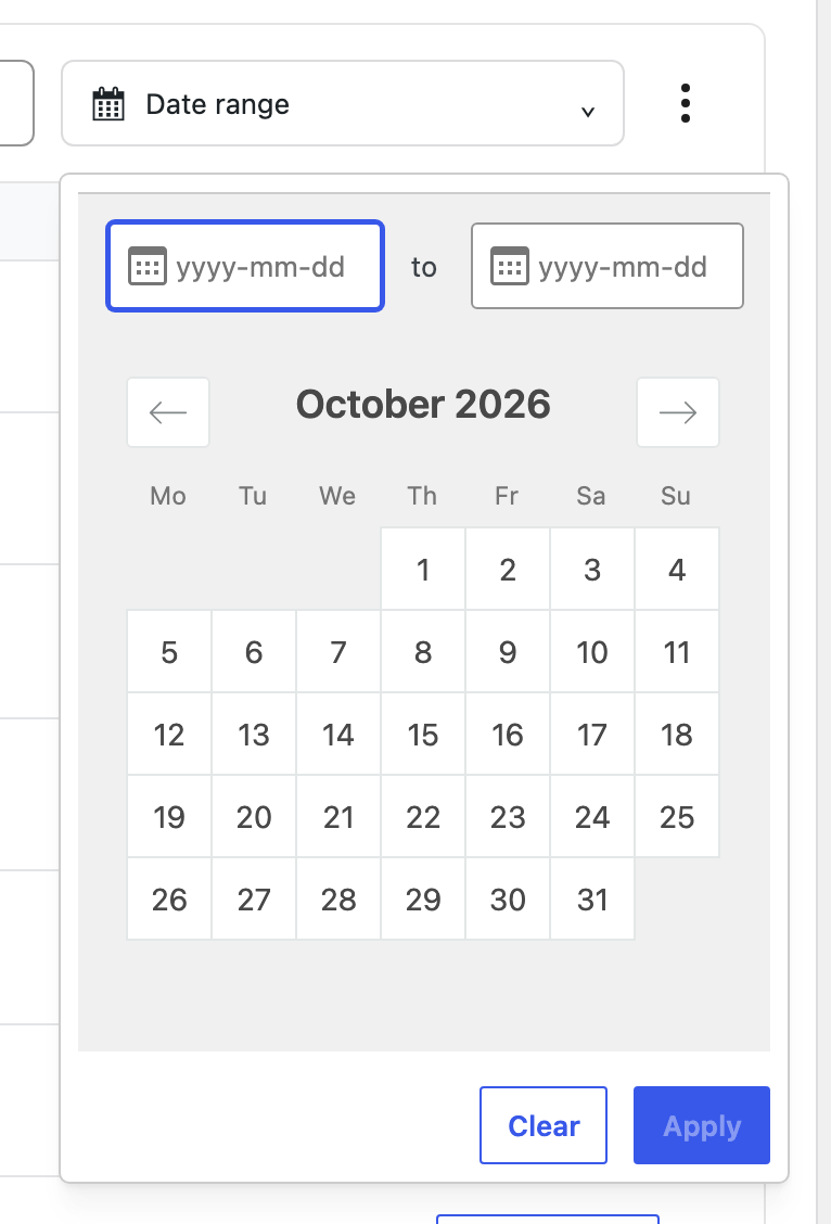Response history Date range control opened with start and end date selection and Apply and Clear controls.