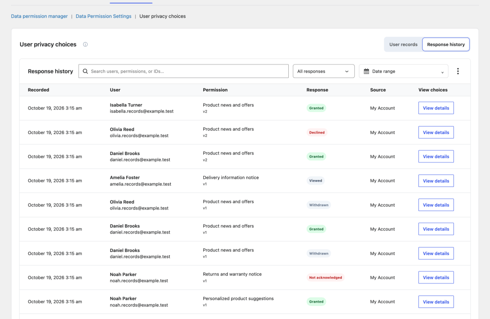 Response history workspace with search, response and date filters, and recorded event details actions.