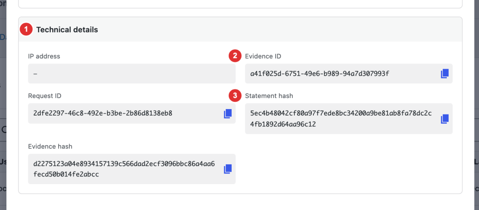 Recorded response dialog with Technical details expanded to show available identifiers, IP address, and statement and evidence hashes.