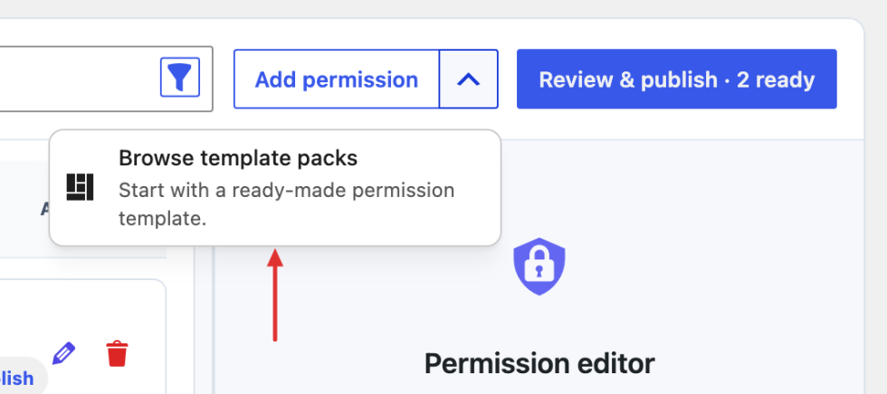 More add options menu opened beside Add permission, with Browse template packs indicated by a red arrow.