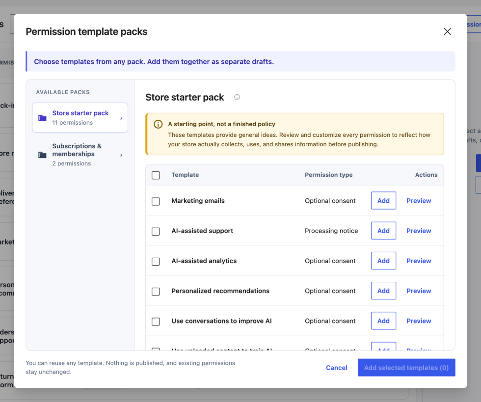 Permission template packs dialog with available packs, template types, Add and Preview actions, and a selection count.