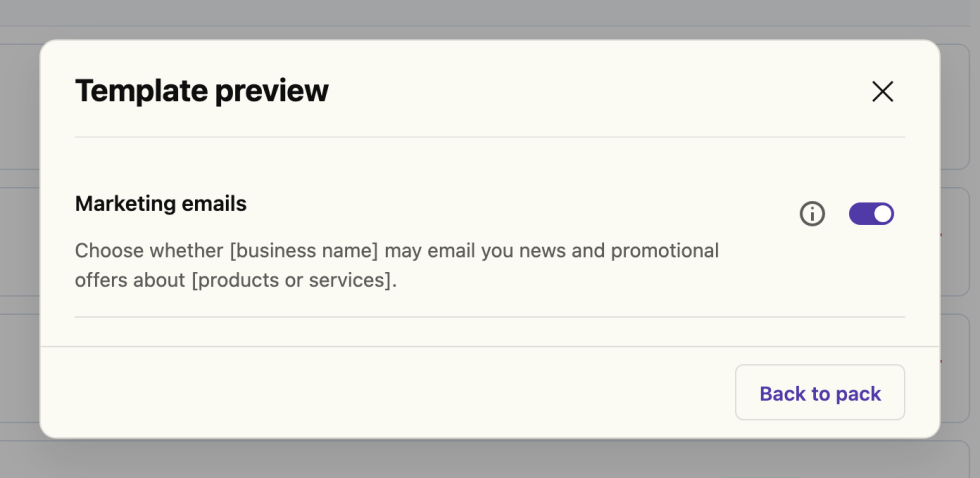Permission template preview showing example wording and customer response controls.