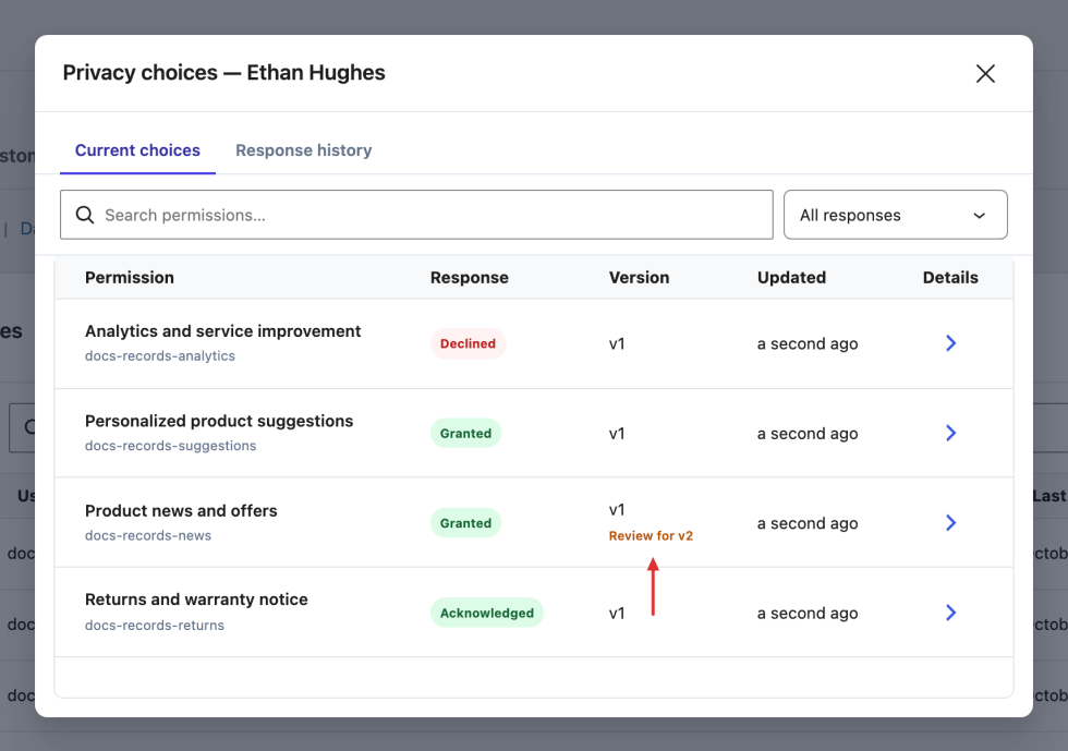 Current choices showing a Granted v1 response to Product news and offers marked Review for v2.