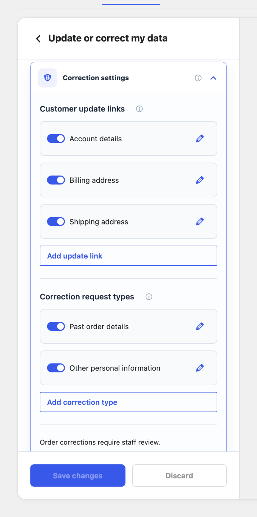 Correction settings with Account details, Billing address, Shipping address, Past order details, and Other personal information.