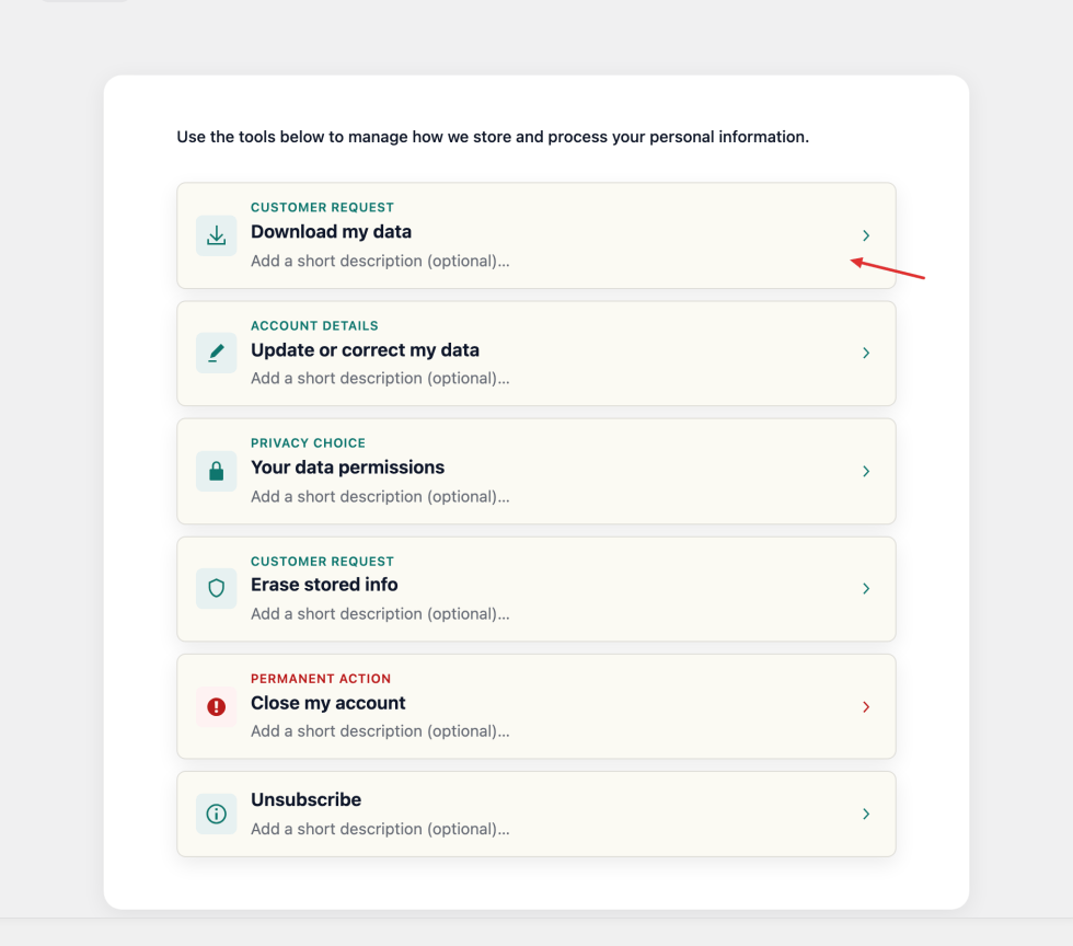 Customer section preview with the optional card-summary hint marked for inline editing.