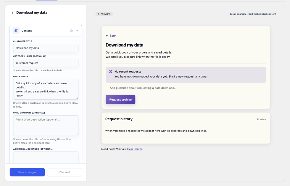 Download my data Content fields beside the matching customer detail preview