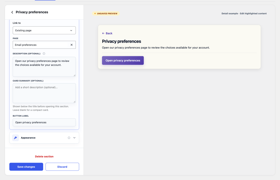 Custom link editor with Existing page selected and a preview of the introduction and button