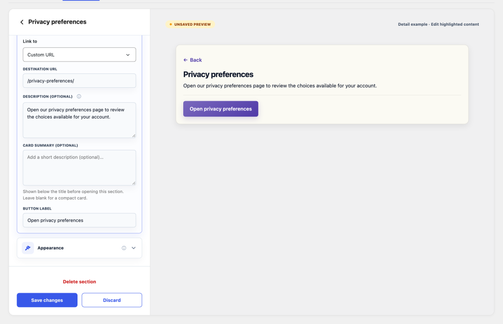 Link a privacy section to a custom URL