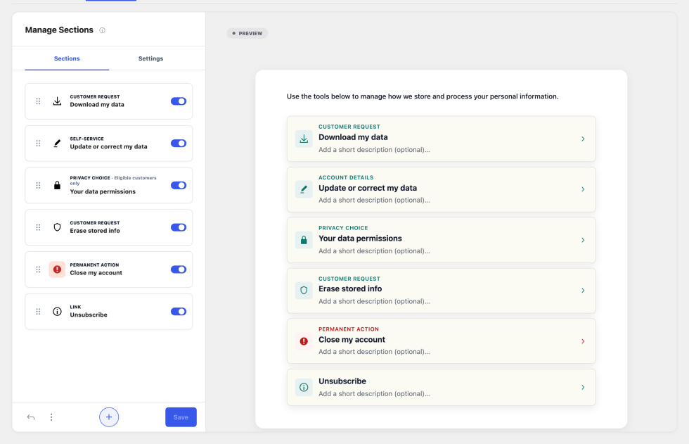 Manage Sections panel beside the customer privacy page preview