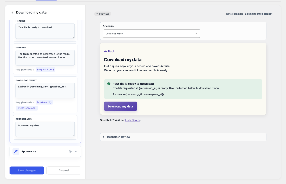 Download ready scenario fields with request and expiry placeholders beside the example message