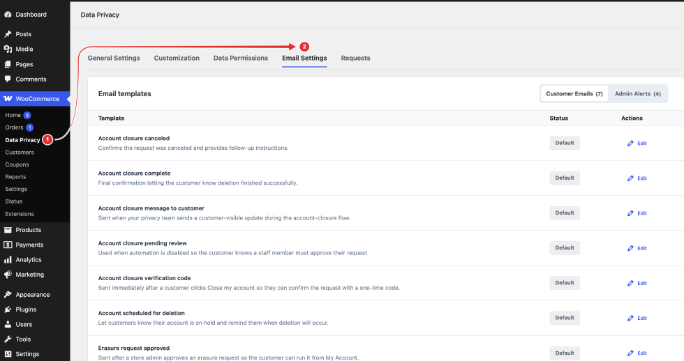 WooCommerce Data Privacy navigation pointing to the Email Settings tab.