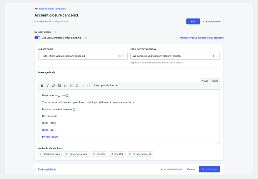 Email template editor with Delivery details, Subject line, Preview text, and Message body fields.