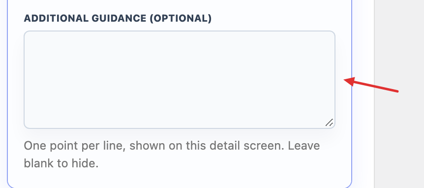 Optional guidance field in the sidebar and its matching editable hint in the customer preview.