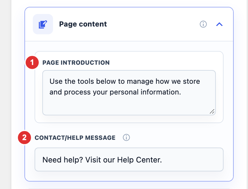 Page introduction and Contact/help message fields in privacy Customization settings.