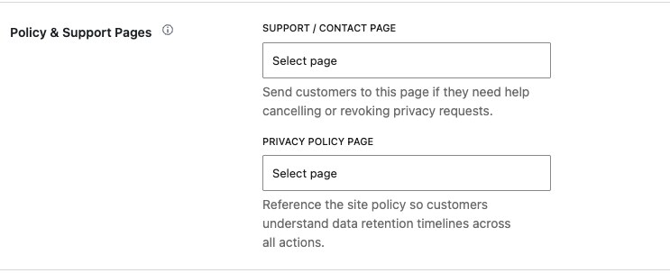 WooCommerce privacy policy and support page settings for customer privacy request help links