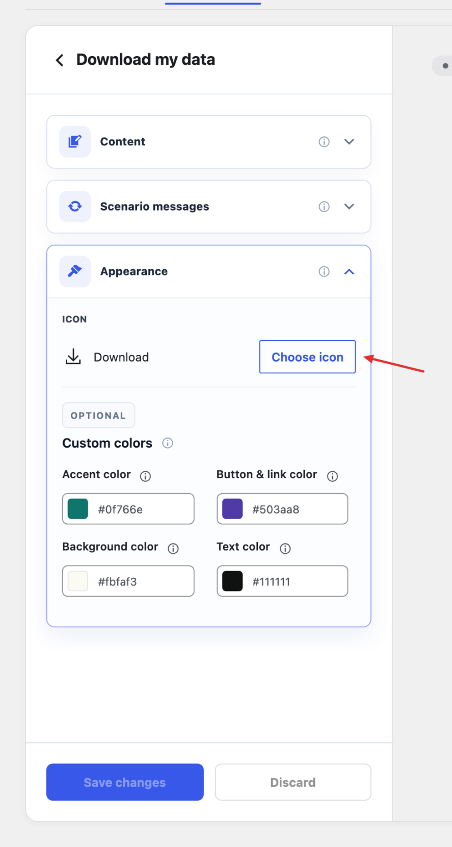 Section Appearance controls for the icon and individual color overrides.