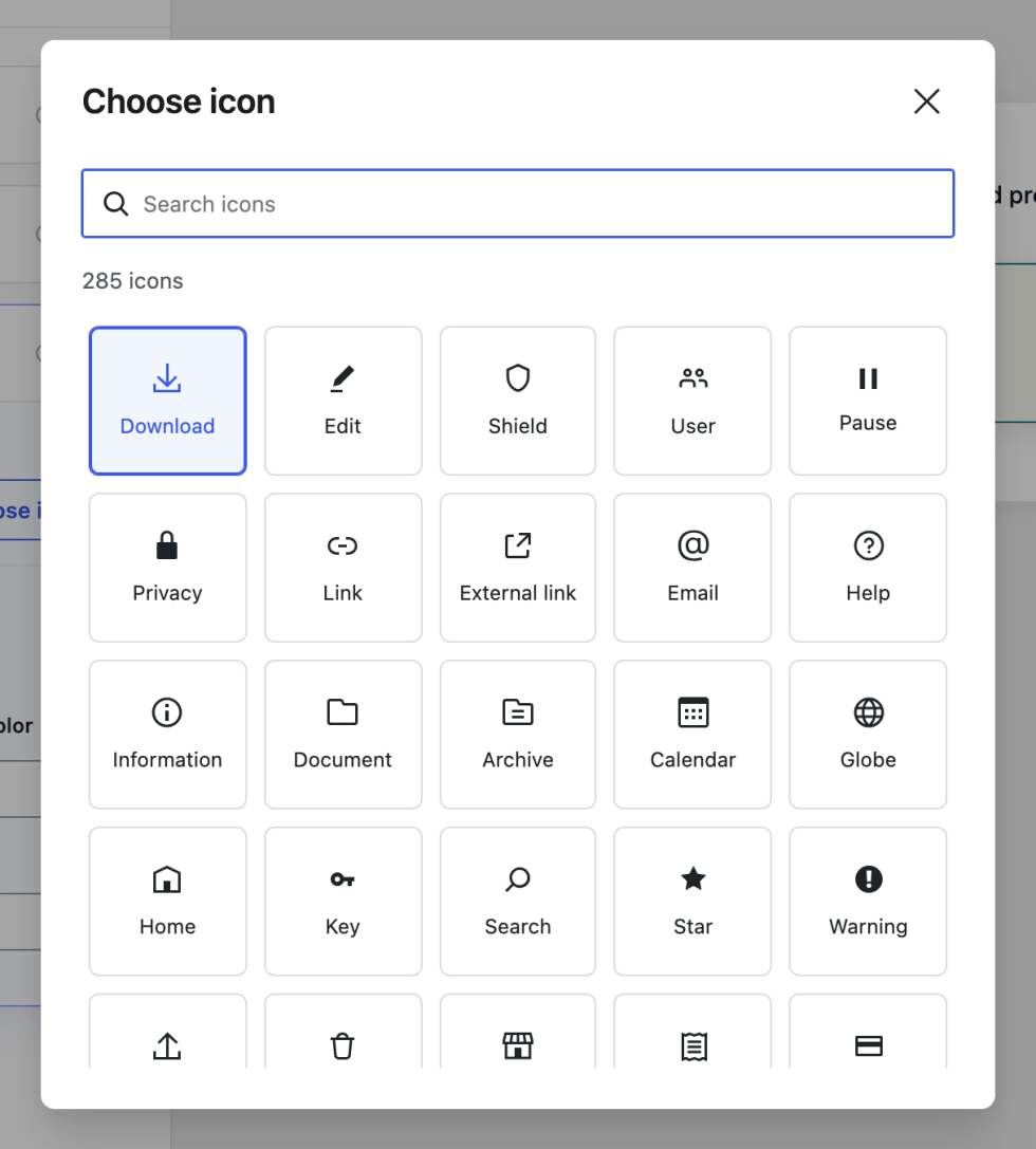 Section icon library with search and a grid of available symbols