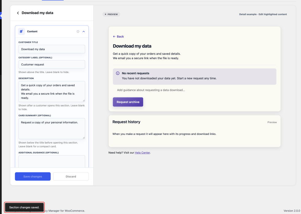 Section editor and customer preview with the Section changes saved confirmation highlighted