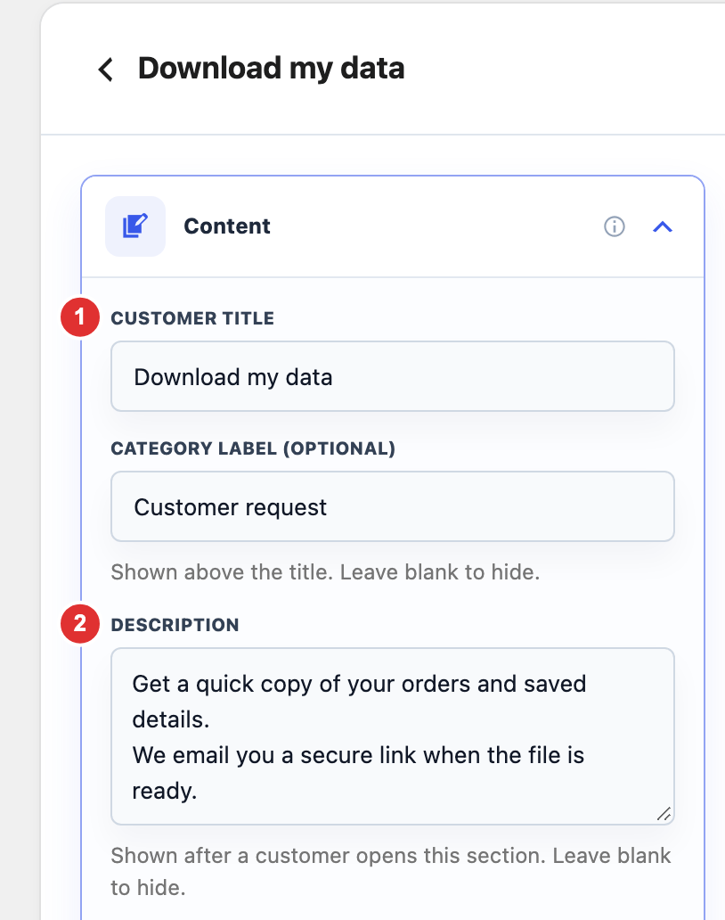 Customer title and Description fields in the privacy section editor.
