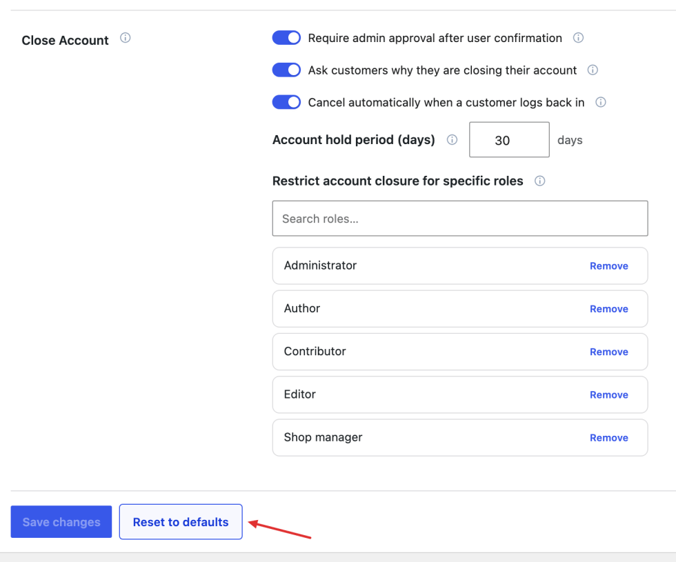 General Settings footer with the Reset to defaults button marked below the account-closure controls.
