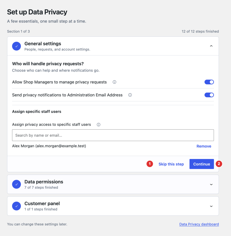Privacy setup wizard with step groups and the Skip this step and Continue controls marked.