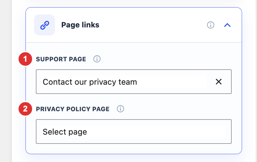 Support page and Privacy policy page selectors in privacy Customization settings.