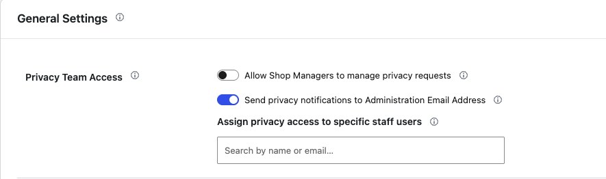 WooCommerce privacy team access settings with Shop Manager and staff user controls