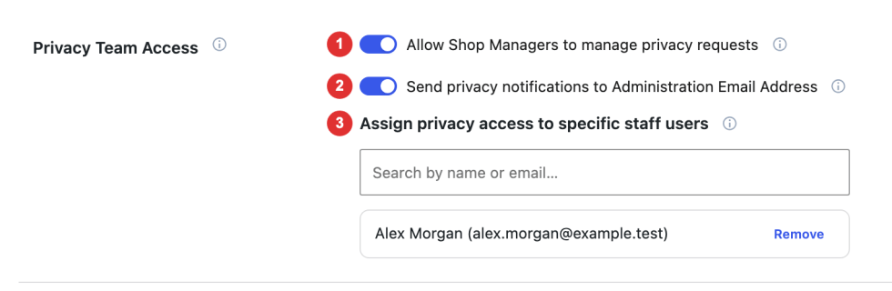 Privacy Team Access controls for Shop Manager access, administration email notifications, and individual staff assignments.