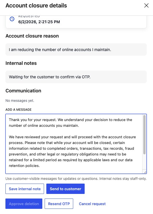 WooCommerce privacy team customer message composer for sending account deletion updates to a customer