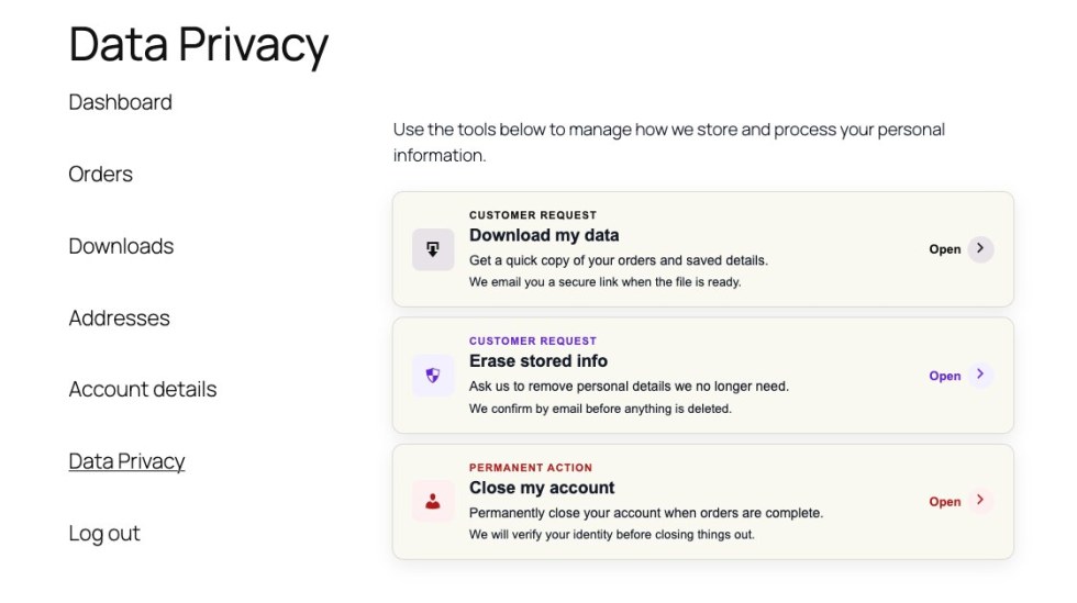 WooCommerce My Account privacy center with data export, erasure, and delete account actions