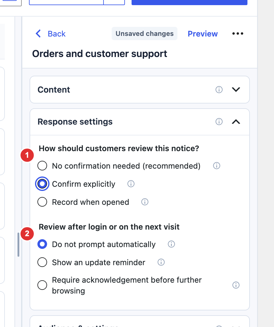 Processing notice response settings offering no confirmation, explicit acknowledgement, or a record when opened.