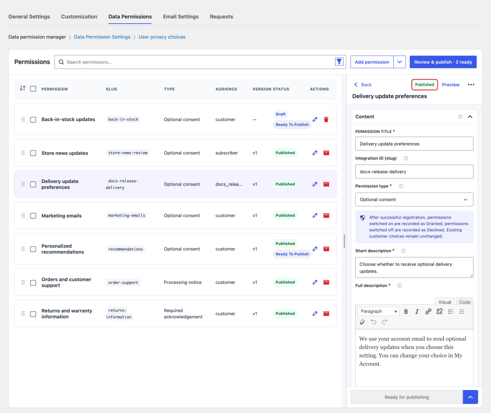 Permission manager showing a published version in the list and a highlighted Published badge in its editor.