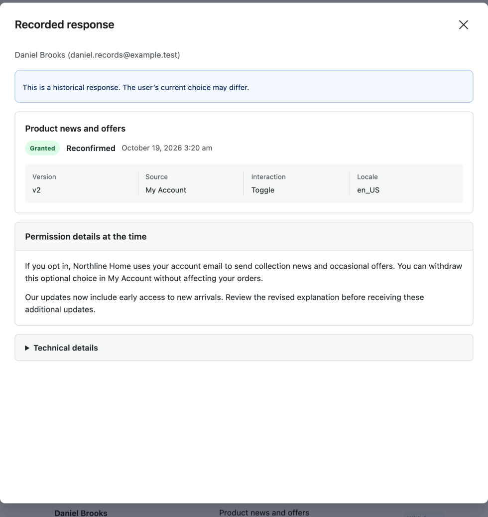 Recorded response dialog showing a Granted v2 reconfirmation, My Account source, historical warning, and saved permission wording.