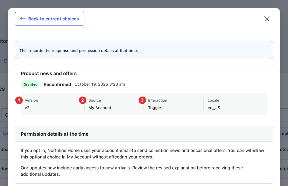 Recorded permission details with numbered references to the published version, response source, and interaction.